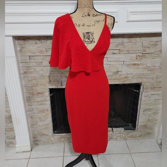 Dress the Population Beth one‎ shoulder lady in red midi dress size small new - Picture 3 of 10